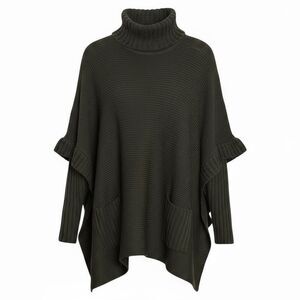 Design Lab Lord & Taylor Turtle Neck Knitted Ribbed‎ Trim Pocho Sweater Green XS